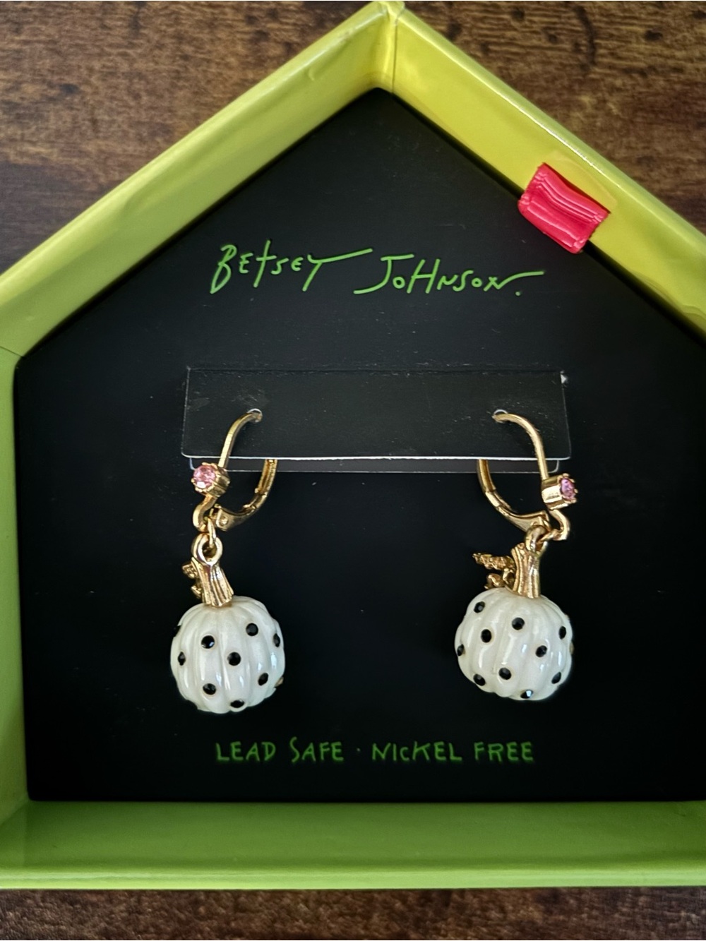 Betsey Johnson White Polka Dot Pumpkin Drop Earrings with Gold Accents